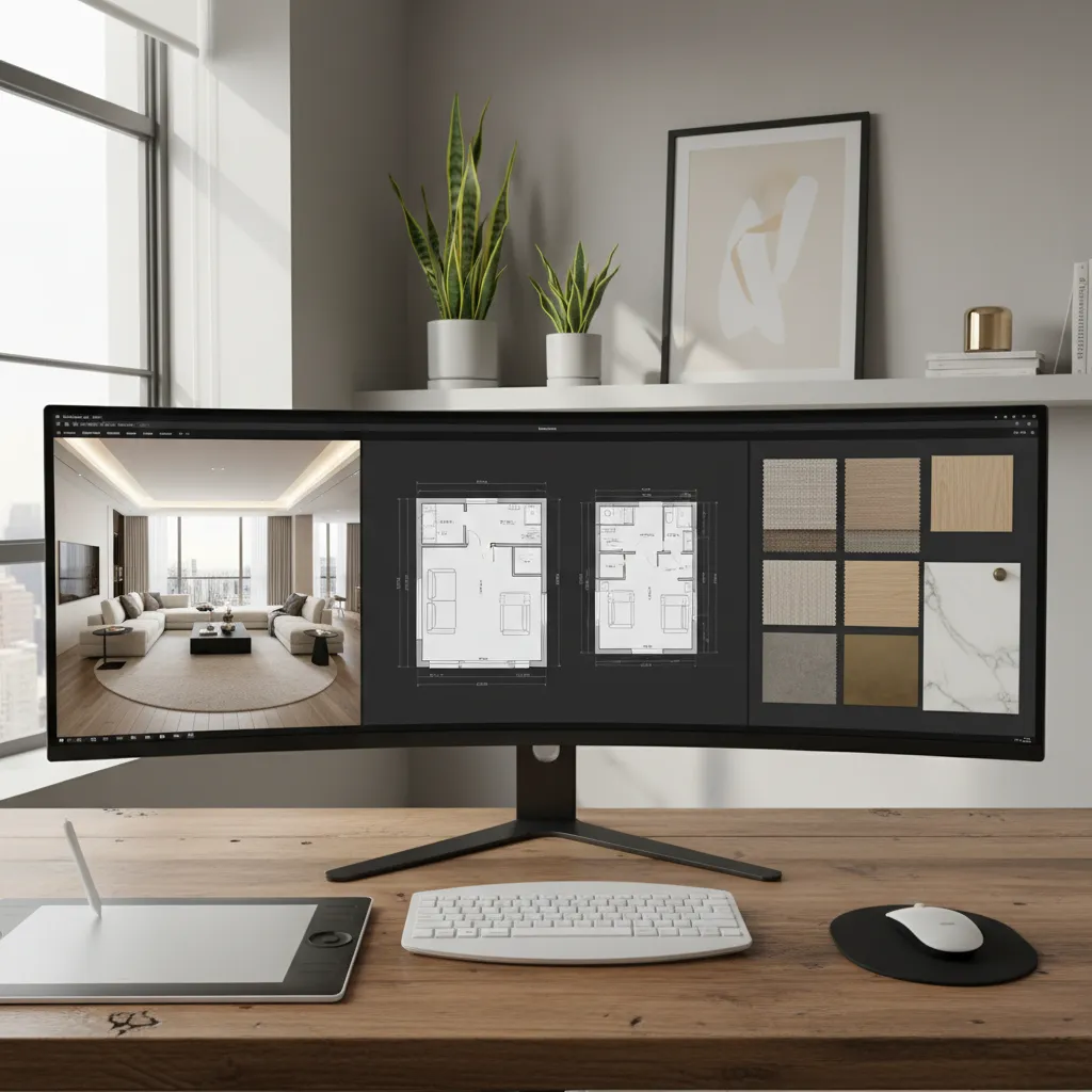 Pantalla mostrando render de interior junto a plano y referencia de materiales