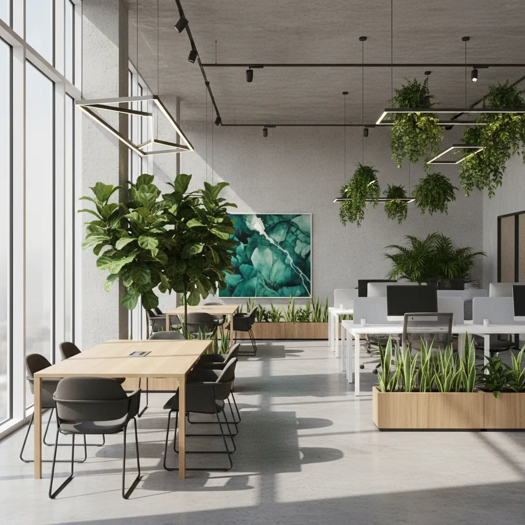 Visualización 3D de oficina con plantas decorativas