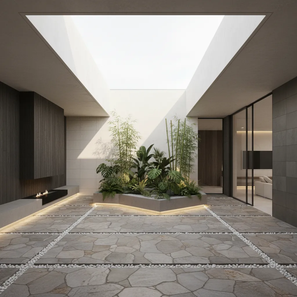 Render 3D de diseño de patio interior con vegetación y pavimento claro