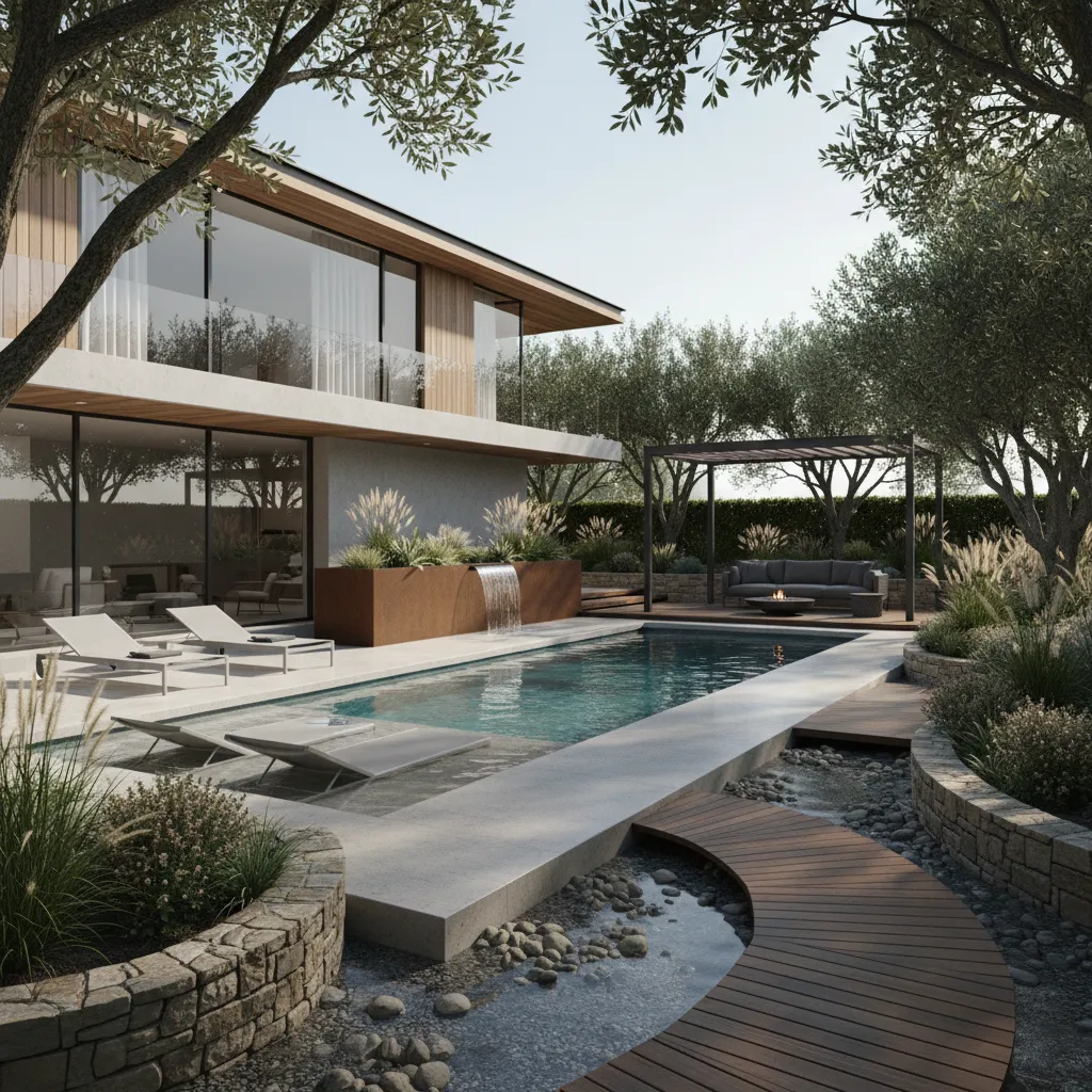 Render 3D de diseño de patio con piscina y jardín