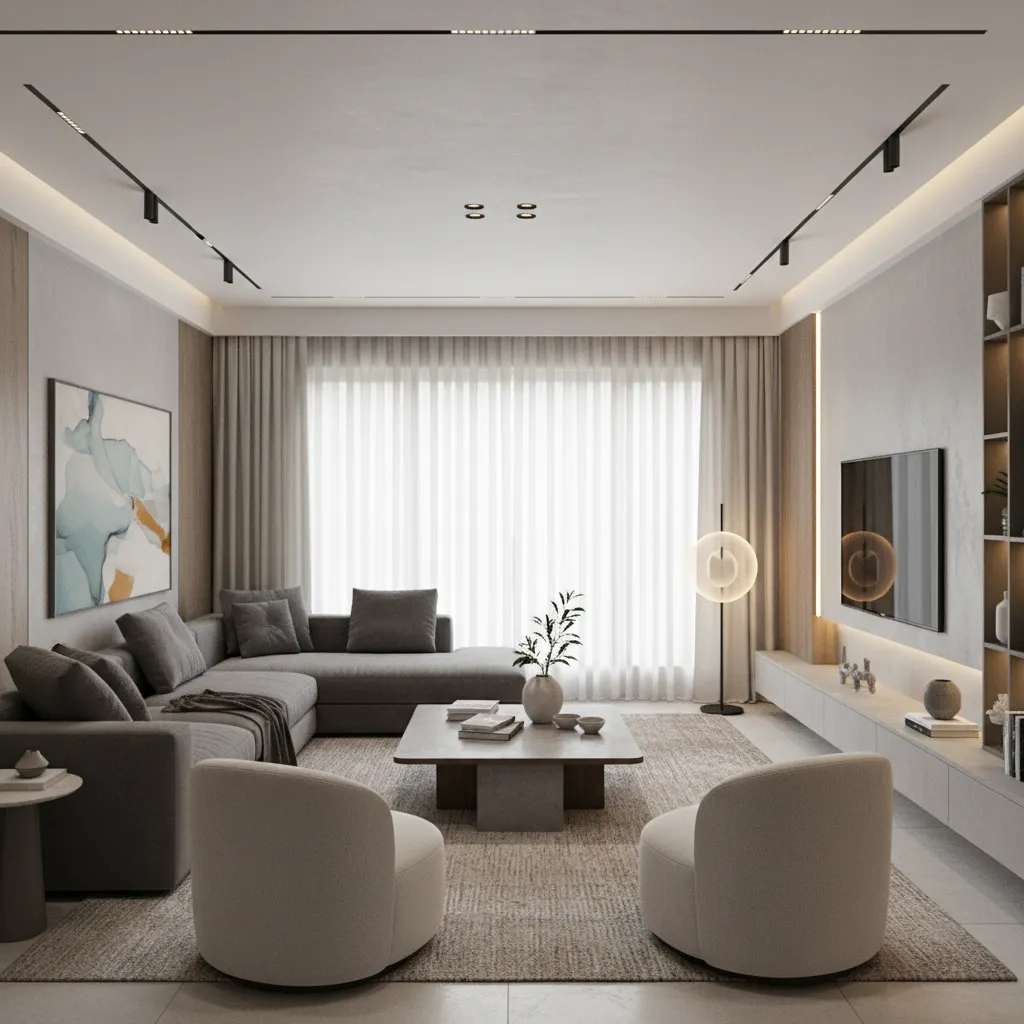 Modern living room with grey sofa two white armchairs square coffee table and ceiling light