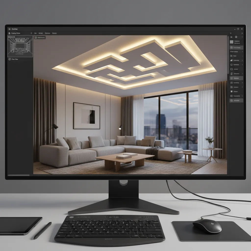 Visualización 3D de diseño de techo interior en software de interiorismo
