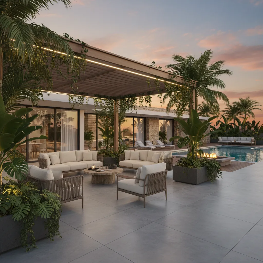 Render 3D de diseño de terraza residencial moderna