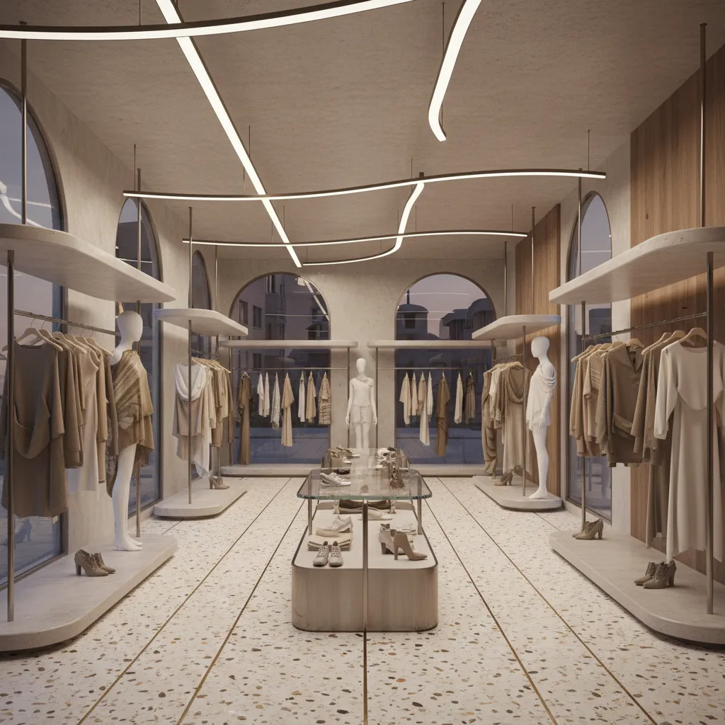 Visualización 3D del diseño interior de una tienda de ropa