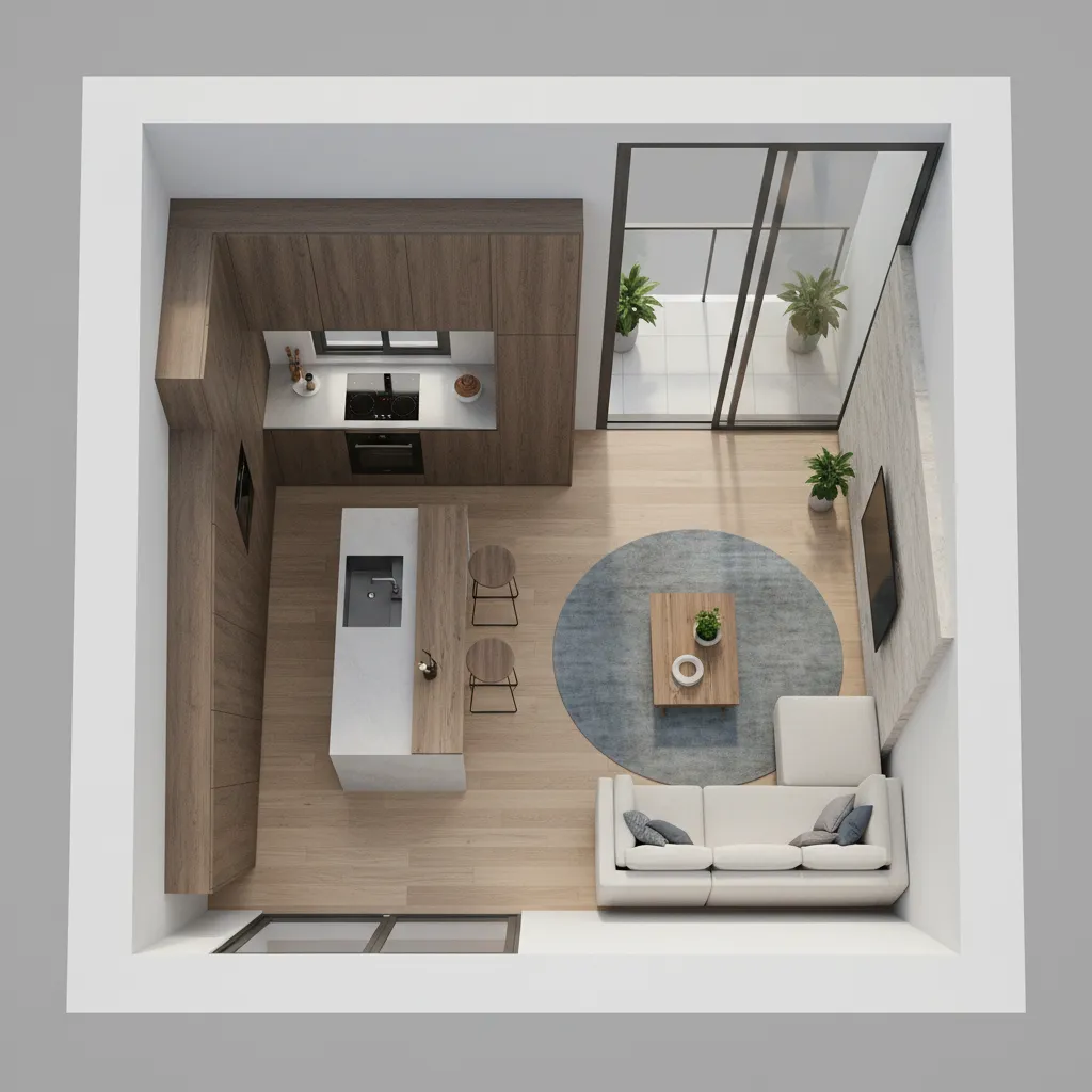 Render 3D de distribución de vivienda antes de una reforma