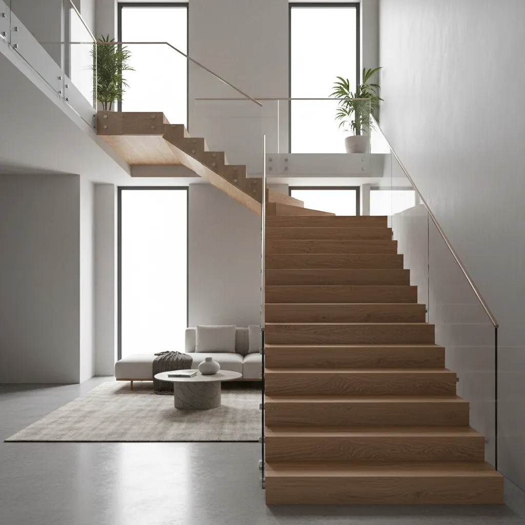 Render 3D de una escalera de madera en un proyecto de vivienda