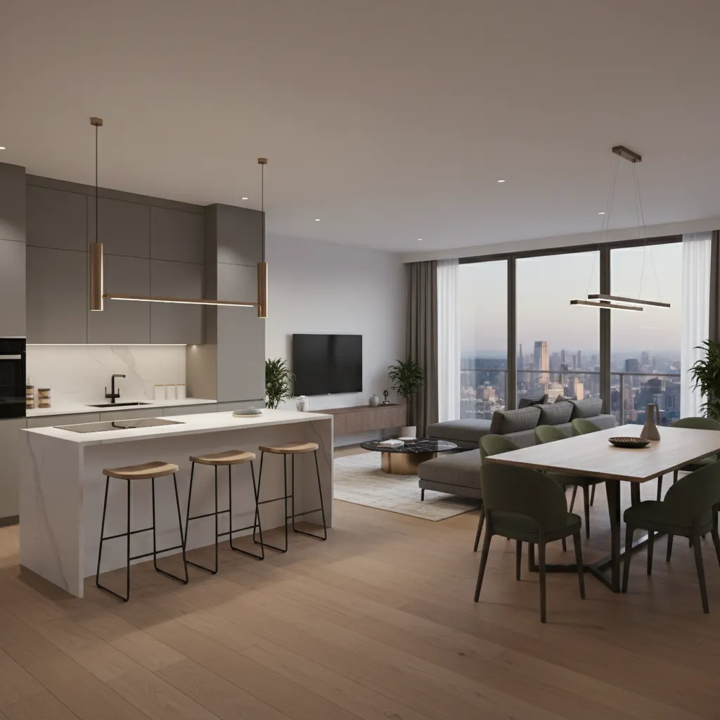 Render 3D de diseño interior de cocina comedor y living integrados