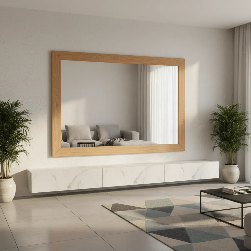 Visualización 3D de un espejo de madera en diseño interior