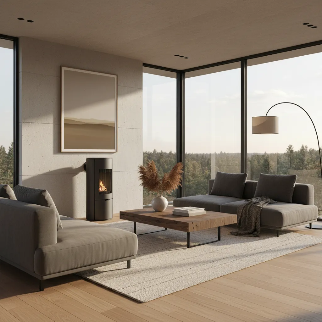 Render de diseño interior con estufa de pellets moderna