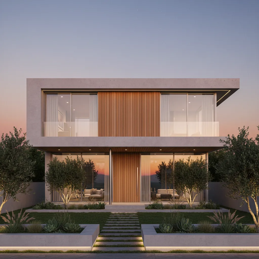 Render realista de una fachada moderna de dos plantas