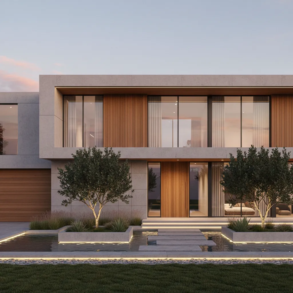 Render realista de fachada de casa moderna con madera y concreto