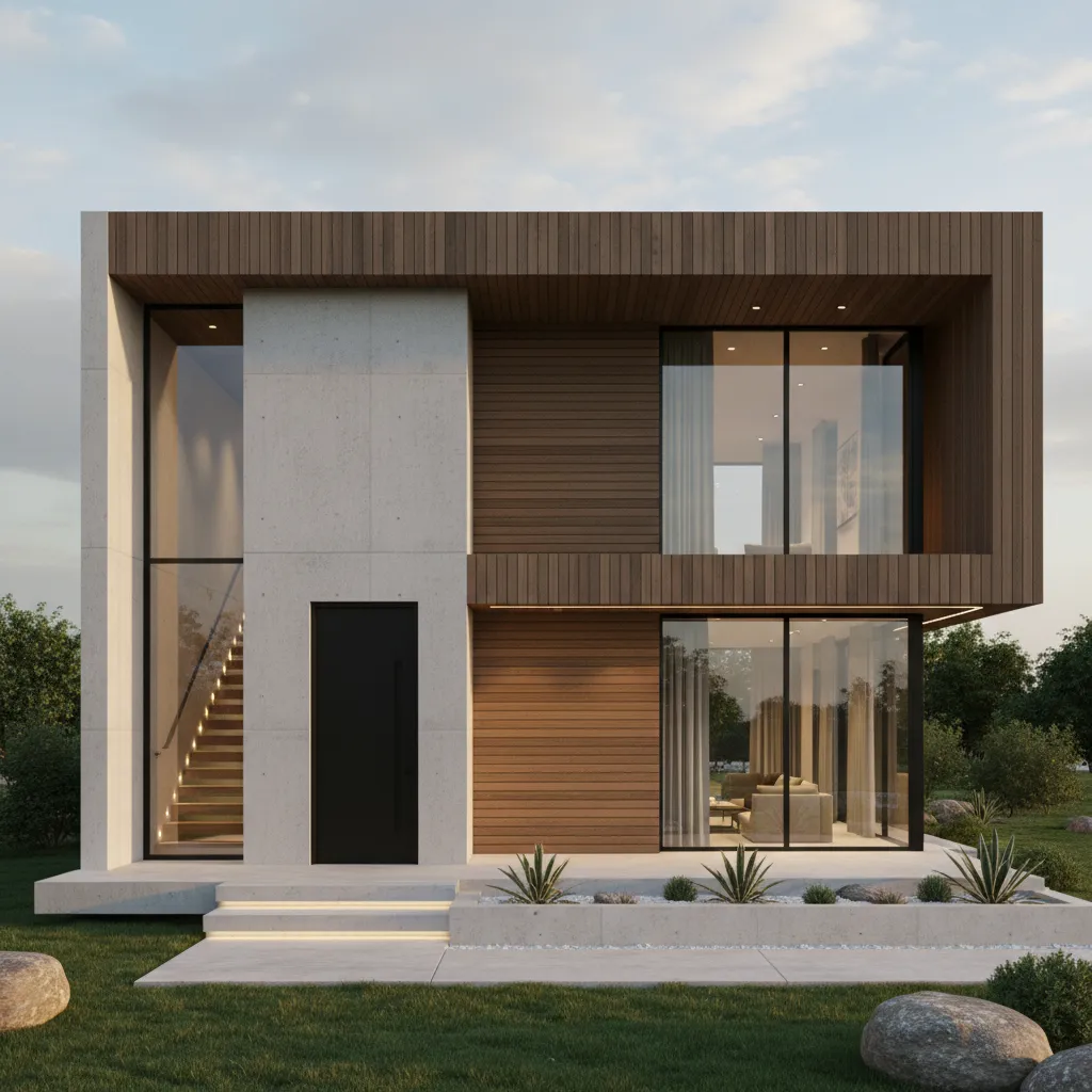 Render arquitectónico de una casa moderna de dos pisos