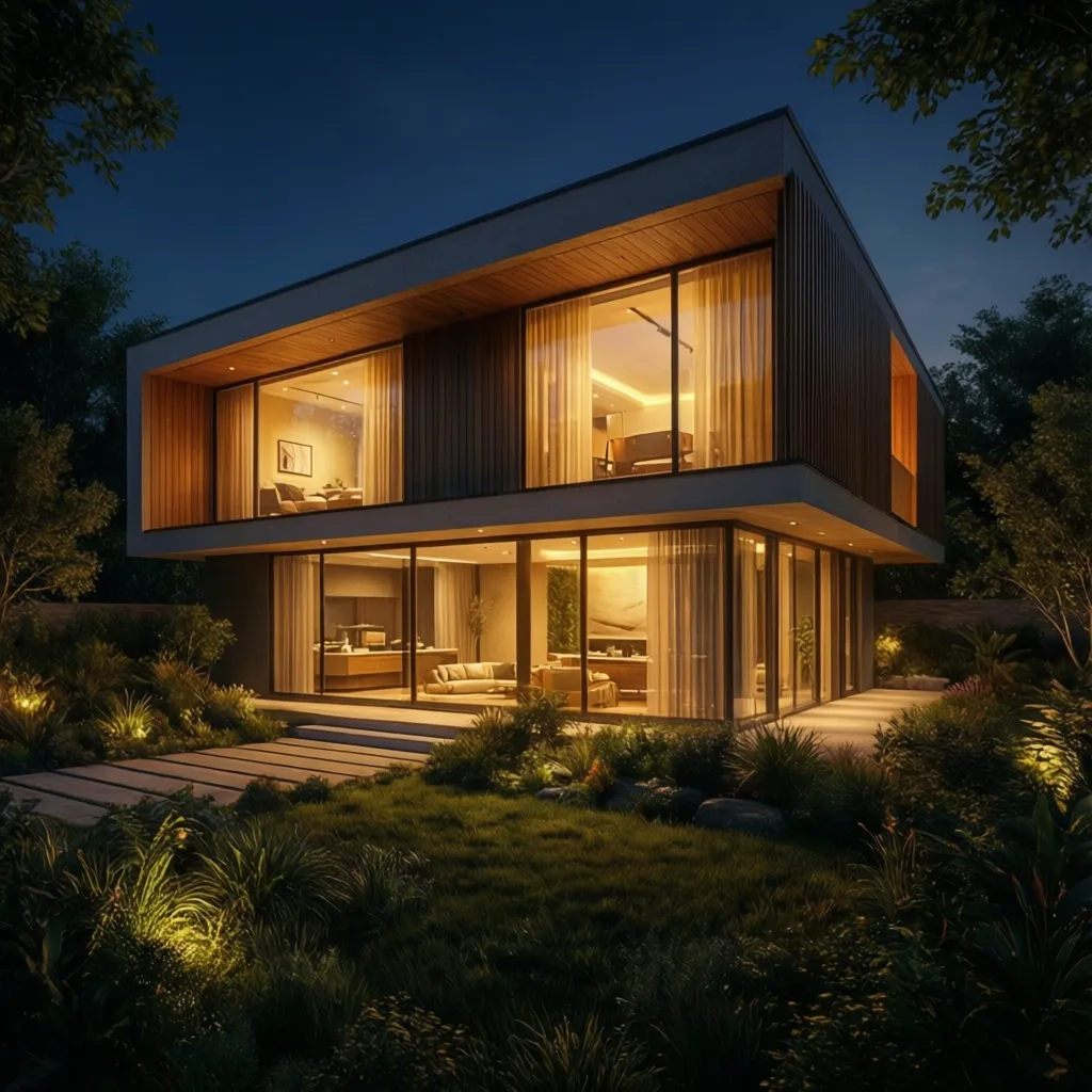 Render nocturno de una fachada de casa con iluminación exterior