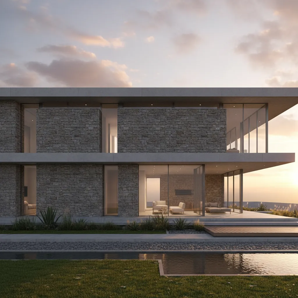 Render arquitectónico de casa moderna con fachada de piedra