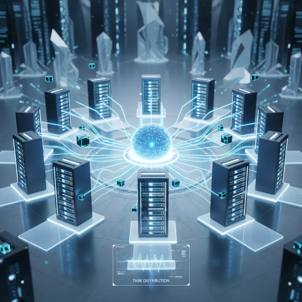 visual diagram of render farm distributing animation frames across multiple machines