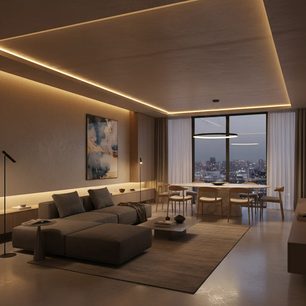 Render 3D de una vivienda mostrando simulación de iluminación interior