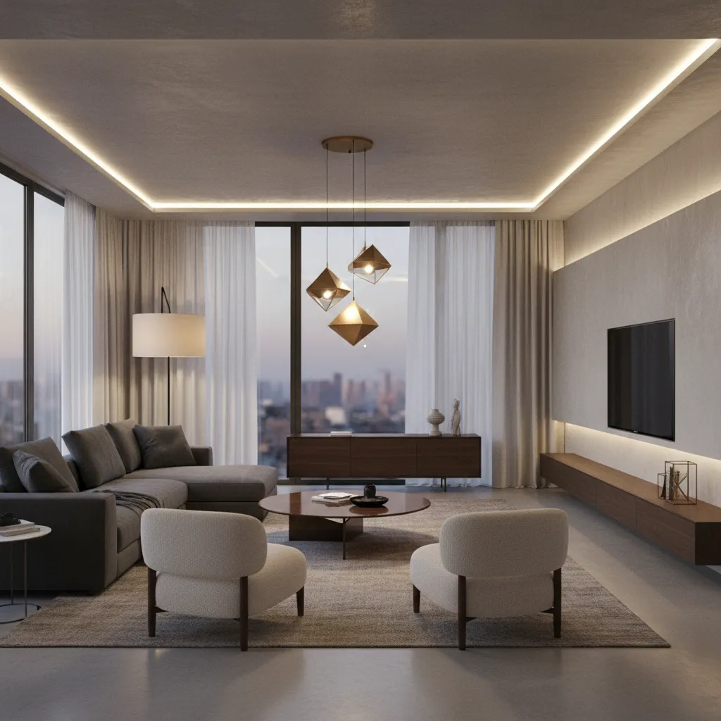 Modern living room featuring grey sofa white chairs and geometric ceiling light with large window