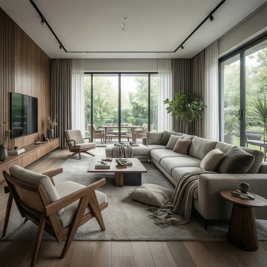 Render 3D de un salón moderno utilizado para visualizar un diseño interior