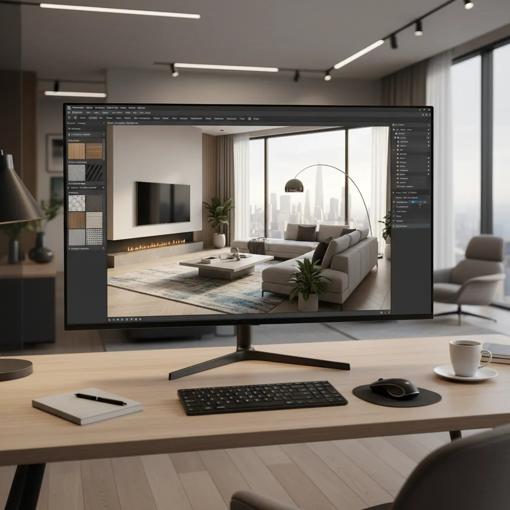 Pantalla mostrando render 3D de diseño de interiores
