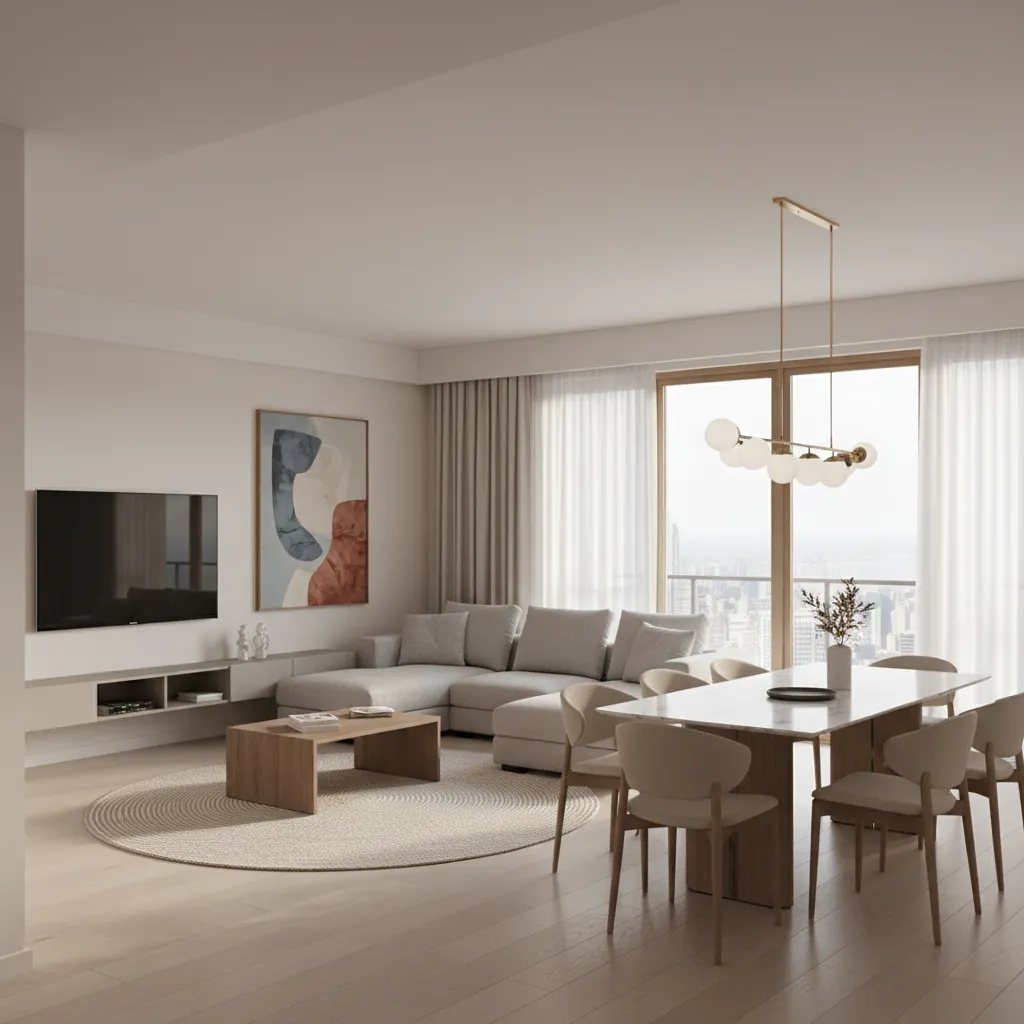 Render 3D de diseño interior mostrando planificación de un espacio moderno
