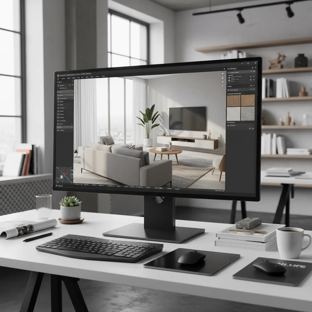 Pantalla mostrando un render 3D realista de un diseño de interior