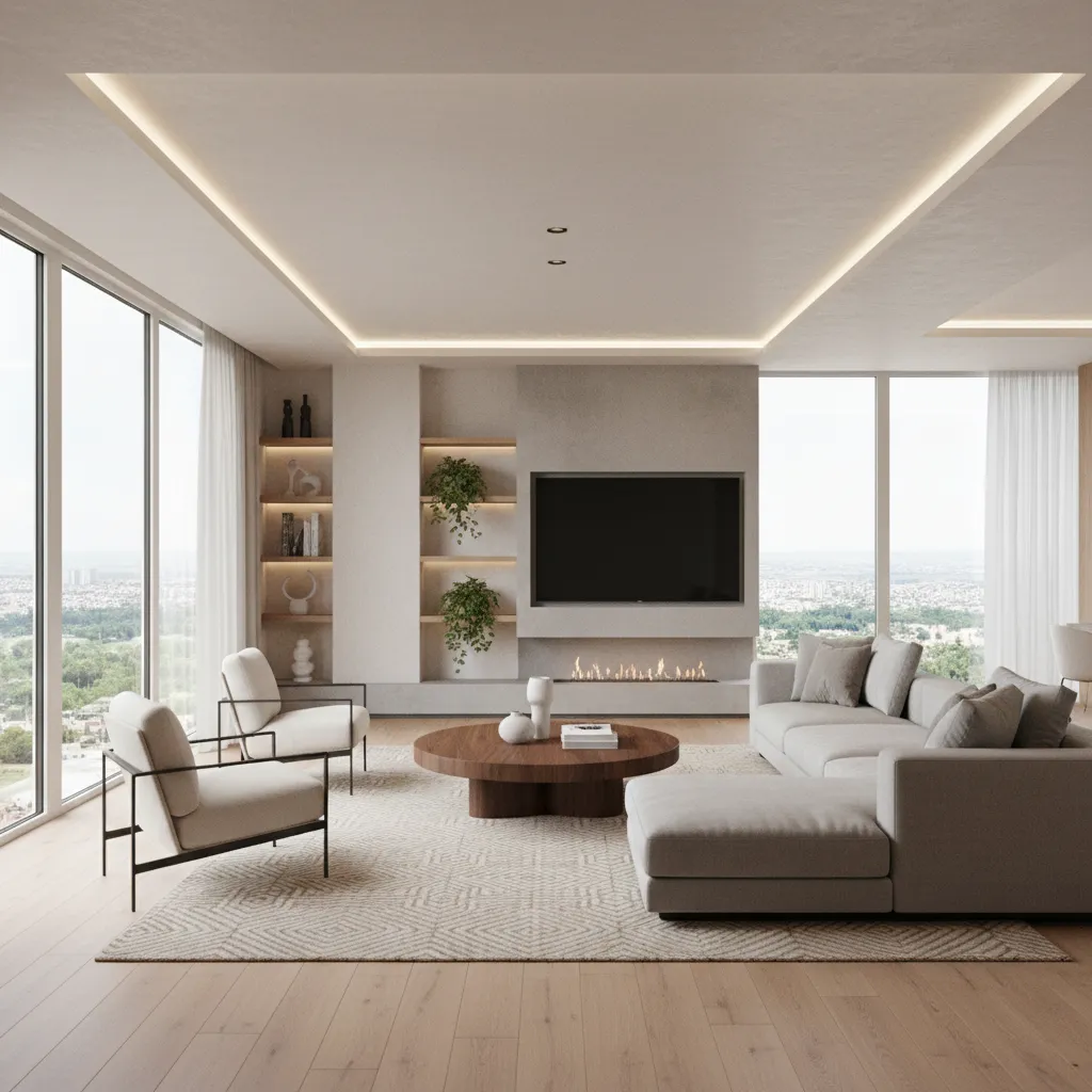 Render 3D realista de una sala moderna
