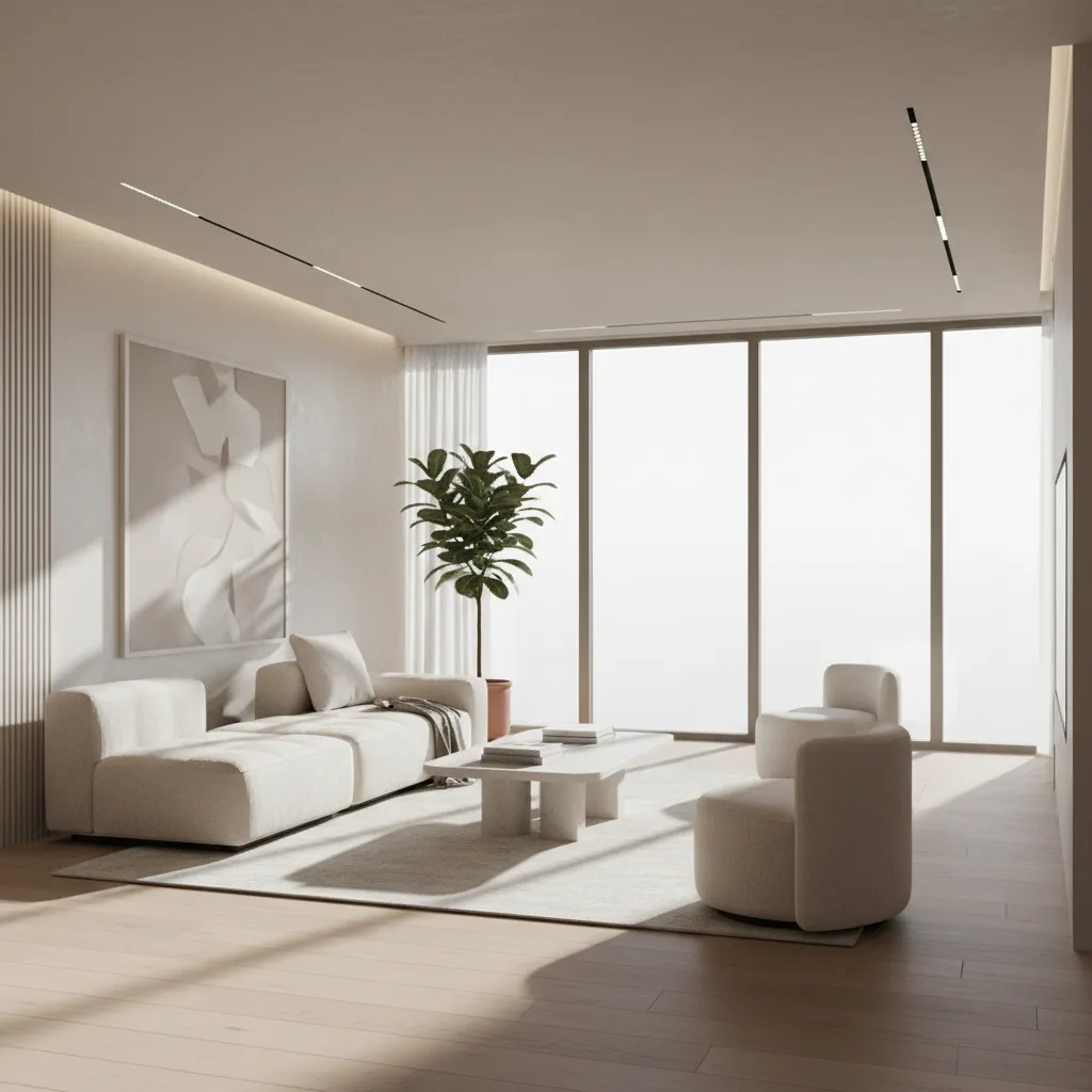 Modern interior design drawing of minimalist living room with cream sofa white table wooden floor