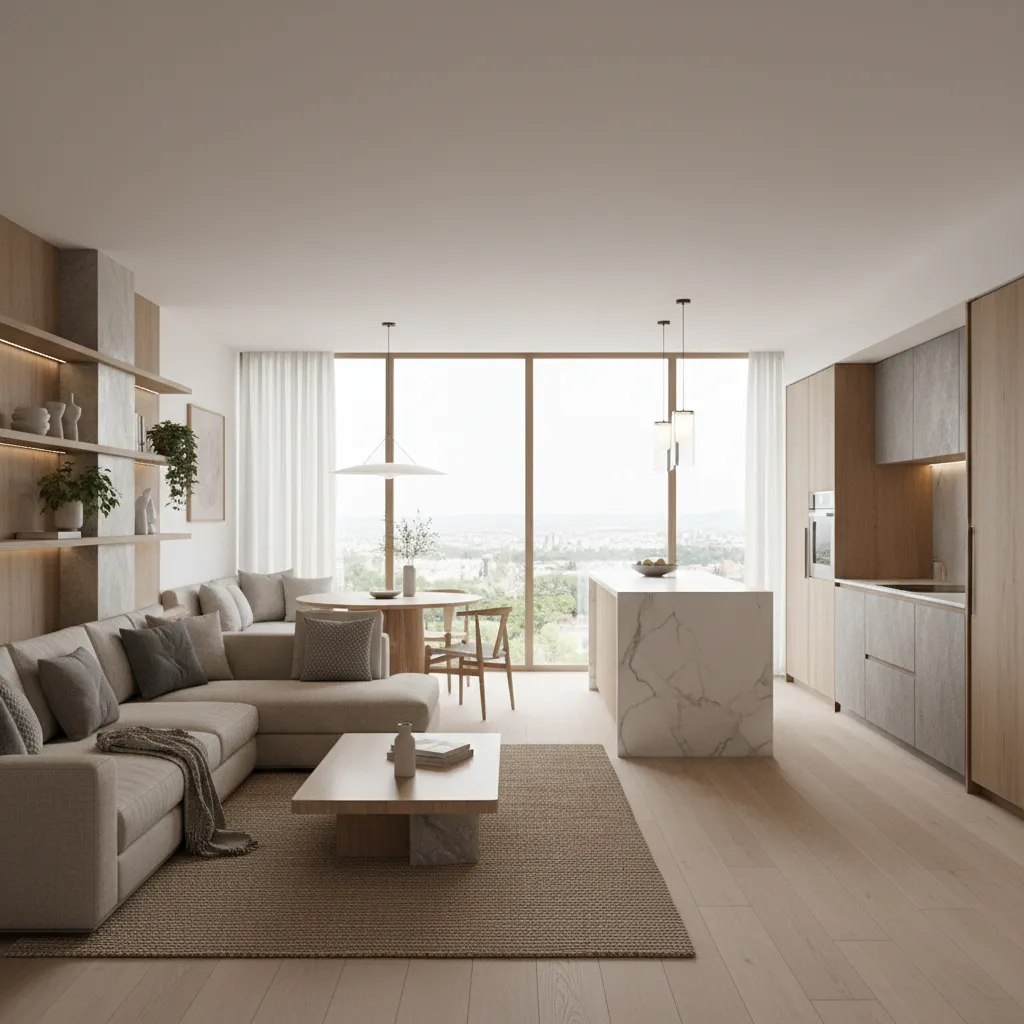 Render 3D realista de un apartamento moderno diseñado digitalmente