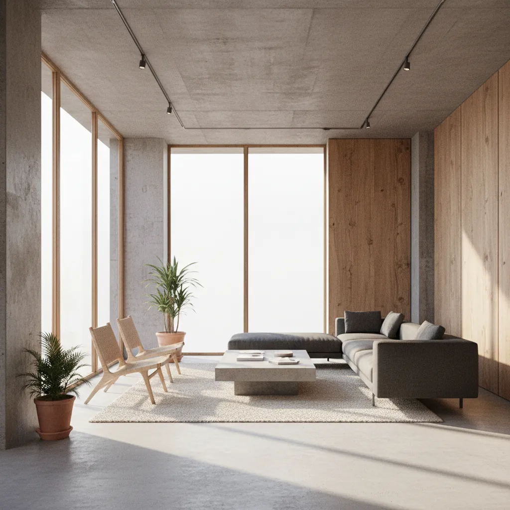 Modern living room with grey sofa wood wall panel concrete ceiling large windows and plants