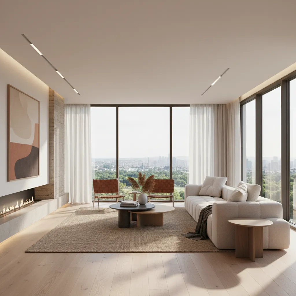Modern living room with white sofa, wood floor, fireplace, and large windows showing city view