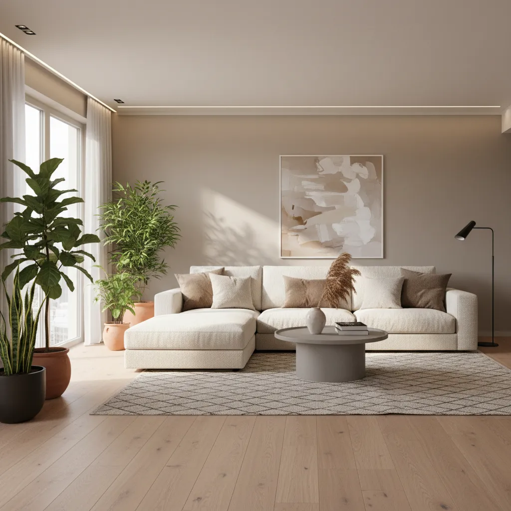 Cozy living room with a white sofa, round coffee table, green indoor plants, and light