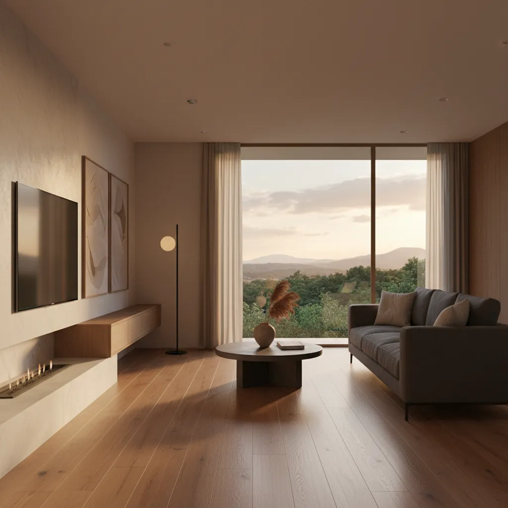 Render 3D realista de un salón moderno diseñado por un interiorista