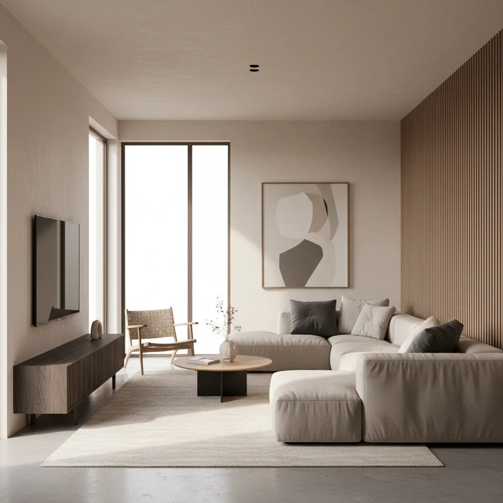 Minimalist living room with beige sofa wooden wall panel television and a round coffee table