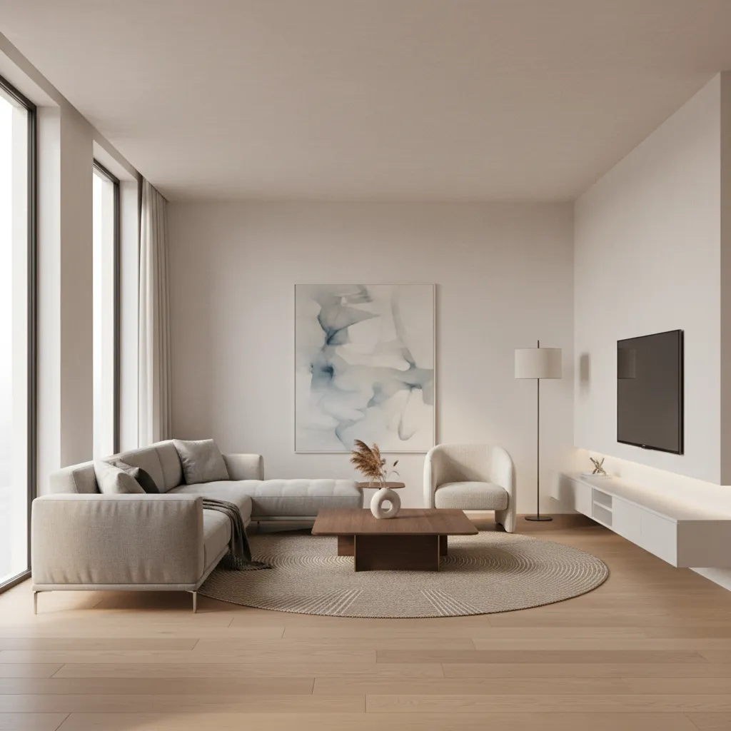 Modern minimalist living room featuring grey sofa wooden floor white wall cabinet and large windows