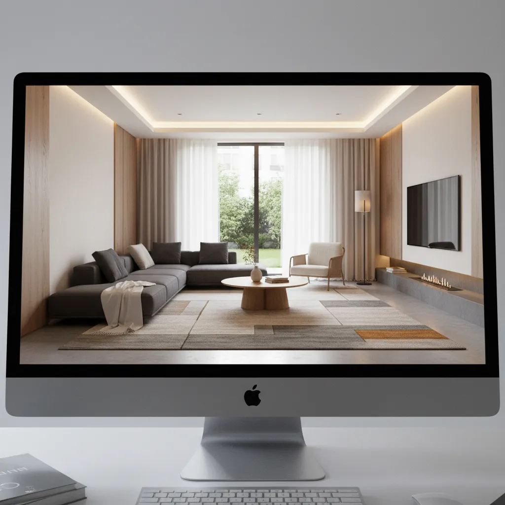 Computer monitor displaying interior design drawing of living room with sofa and wooden coffee table