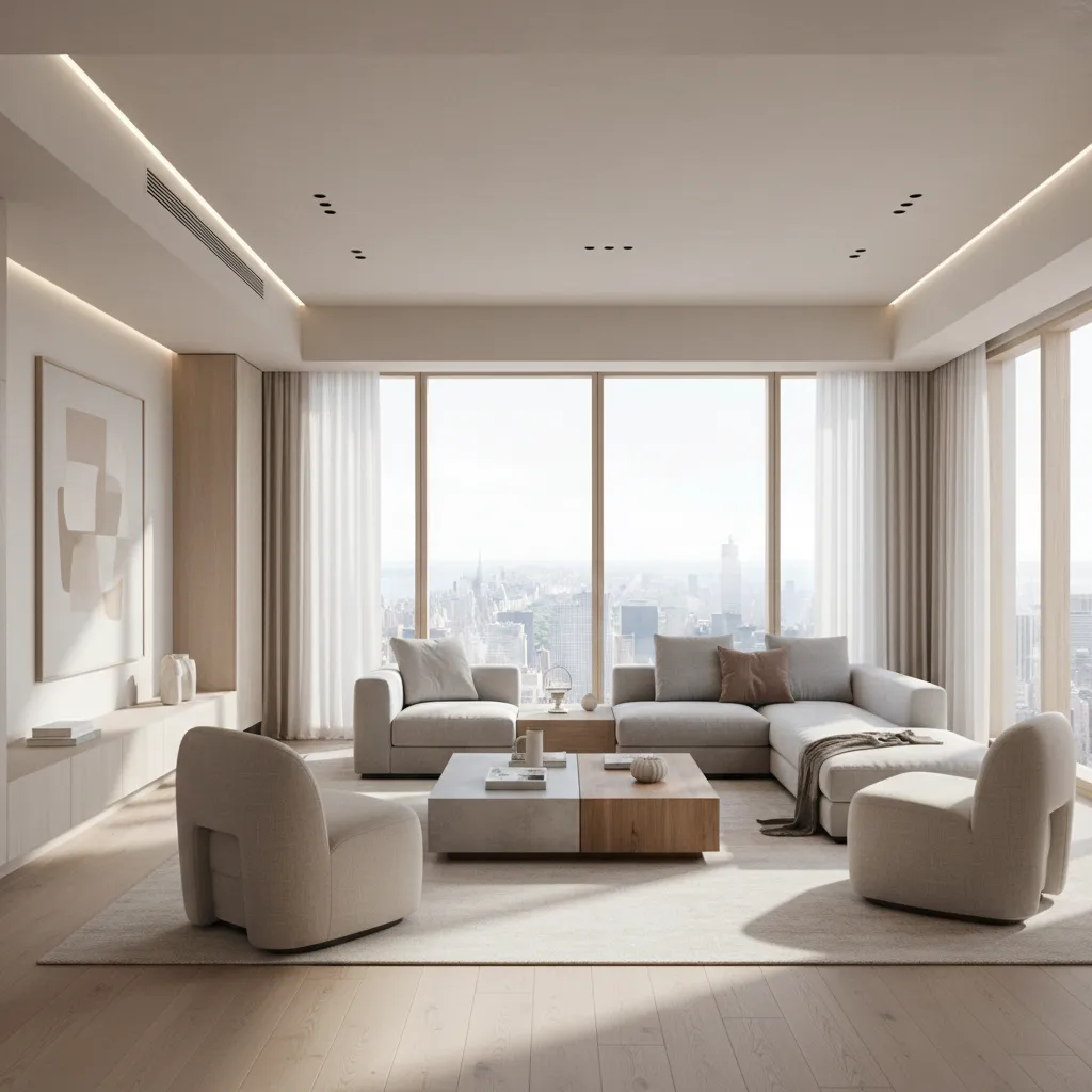 Render 3D realista de salón moderno