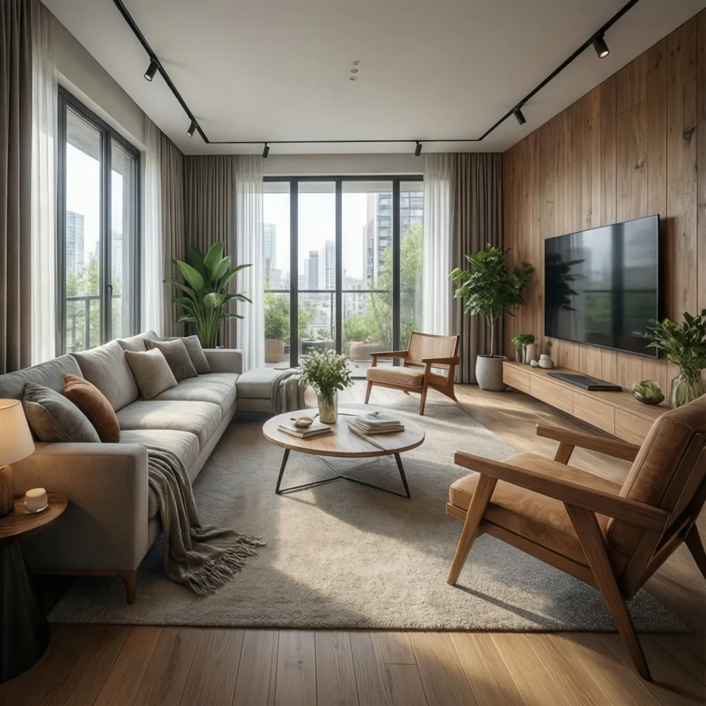 Modern living room with wooden wall panel grey sofa television wooden chairs and large windows