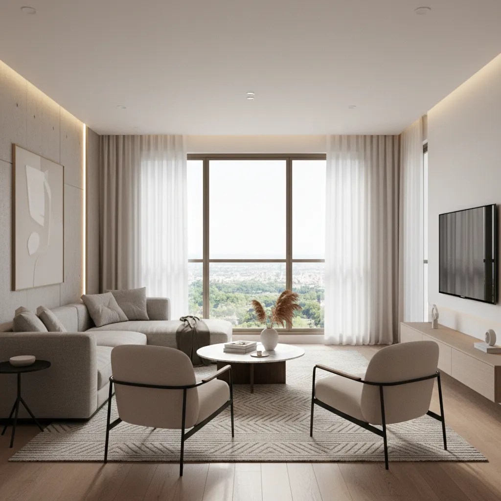 Render 3D realista de un salón diseñado digitalmente