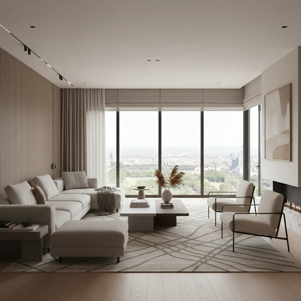 Render 3D realista de un salón moderno antes de la compra de muebles