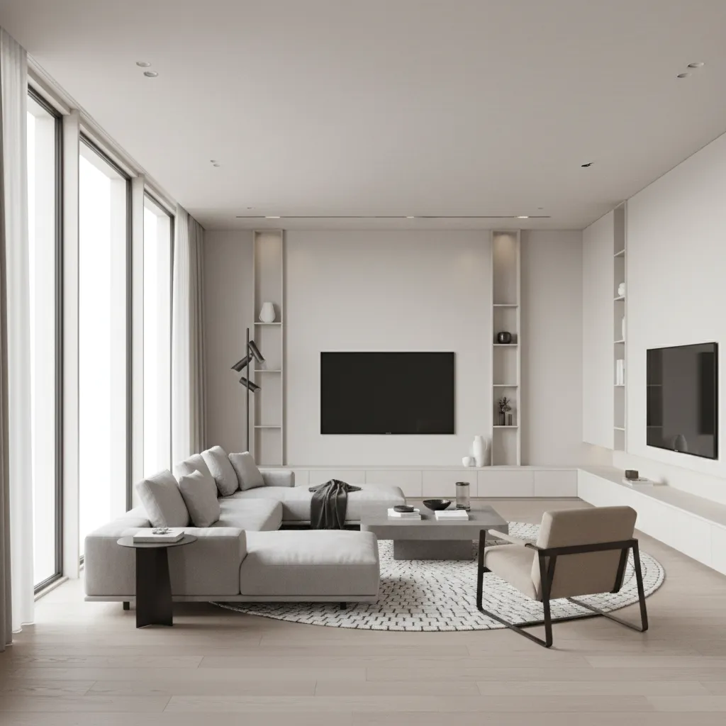 Render 3D realista de salón moderno diseñado digitalmente