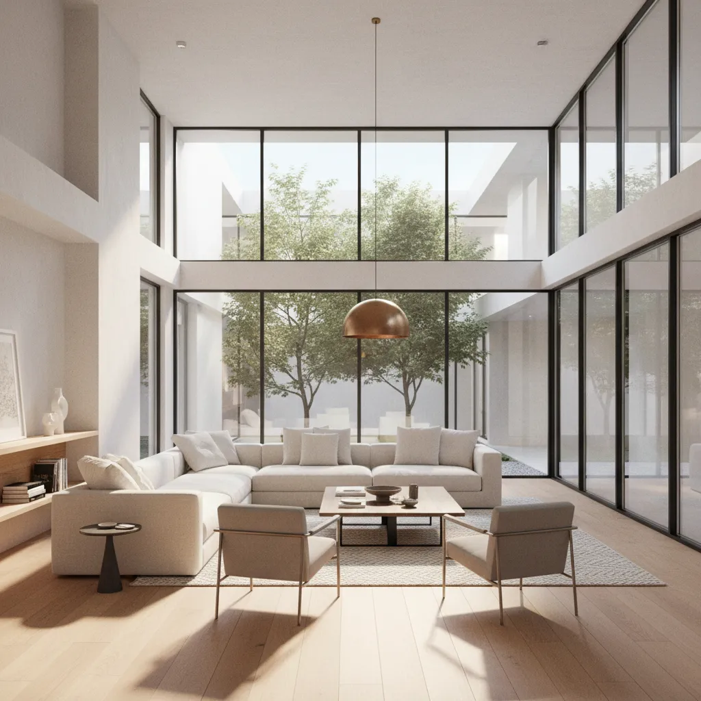 Render 3D realista de un salón moderno diseñado por arquitectos