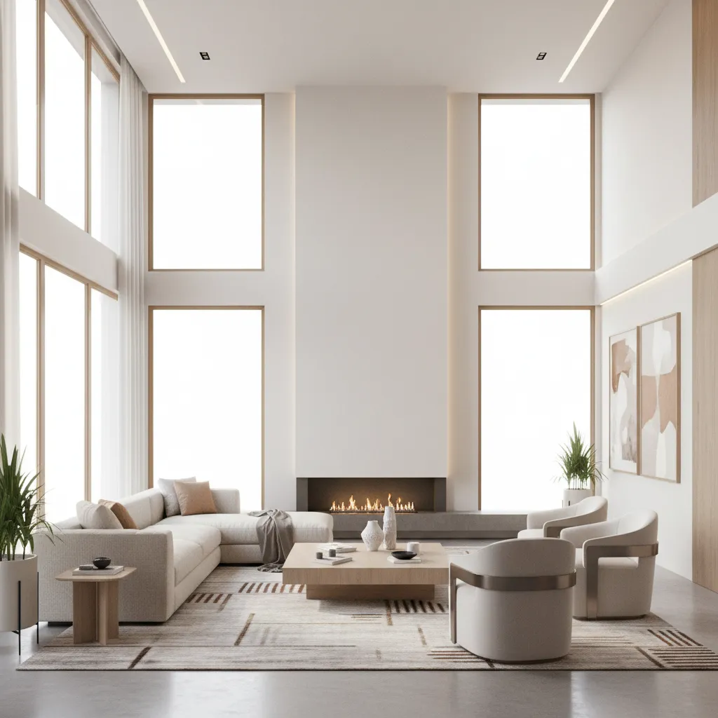 Modern high ceiling living room with cream sofa fireplace white armchairs large windows and rug
