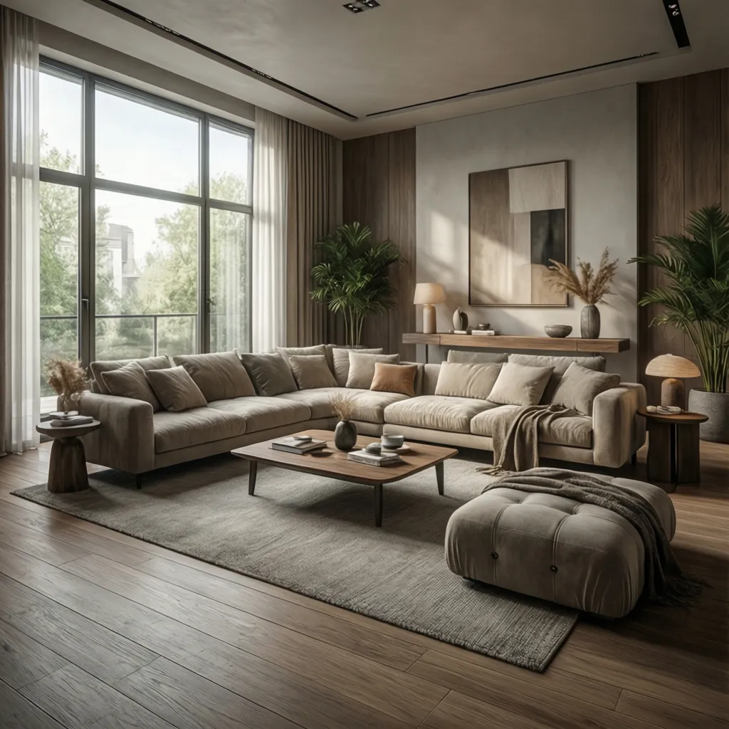 Modern living room with beige sofa wooden floor coffee table large windows footrest and plants