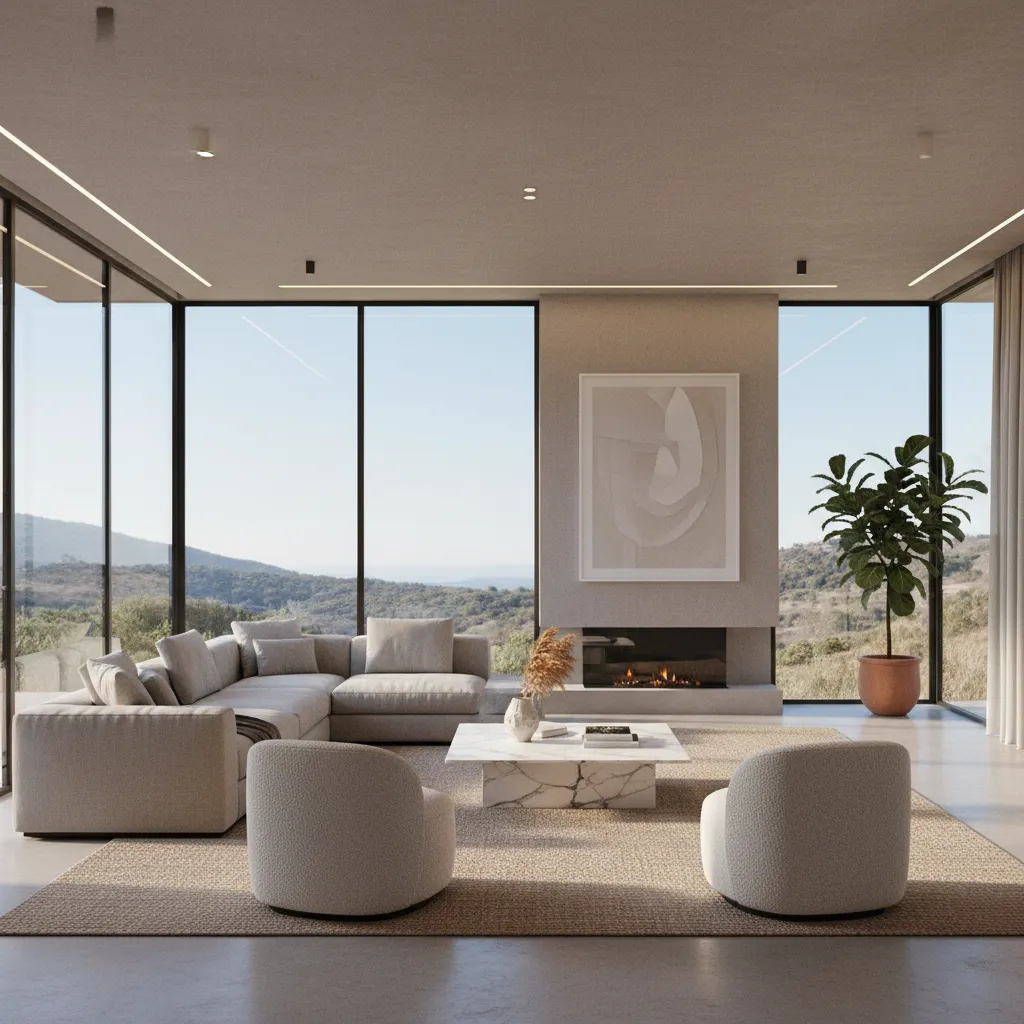 Render 3D de una sala moderna antes de realizar la reforma
