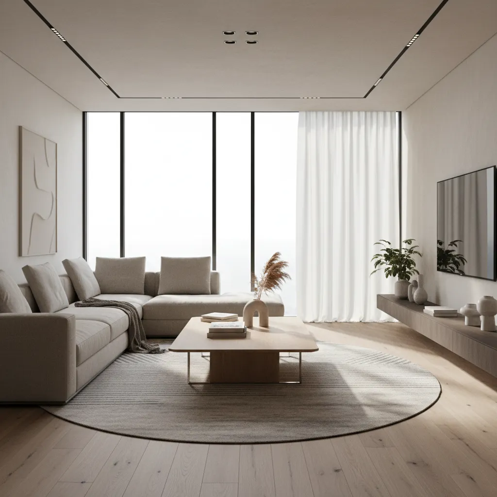 Render 3D realista de un salón moderno antes de una reforma
