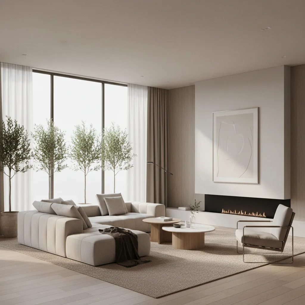 Render realista de salón moderno generado en software de diseño