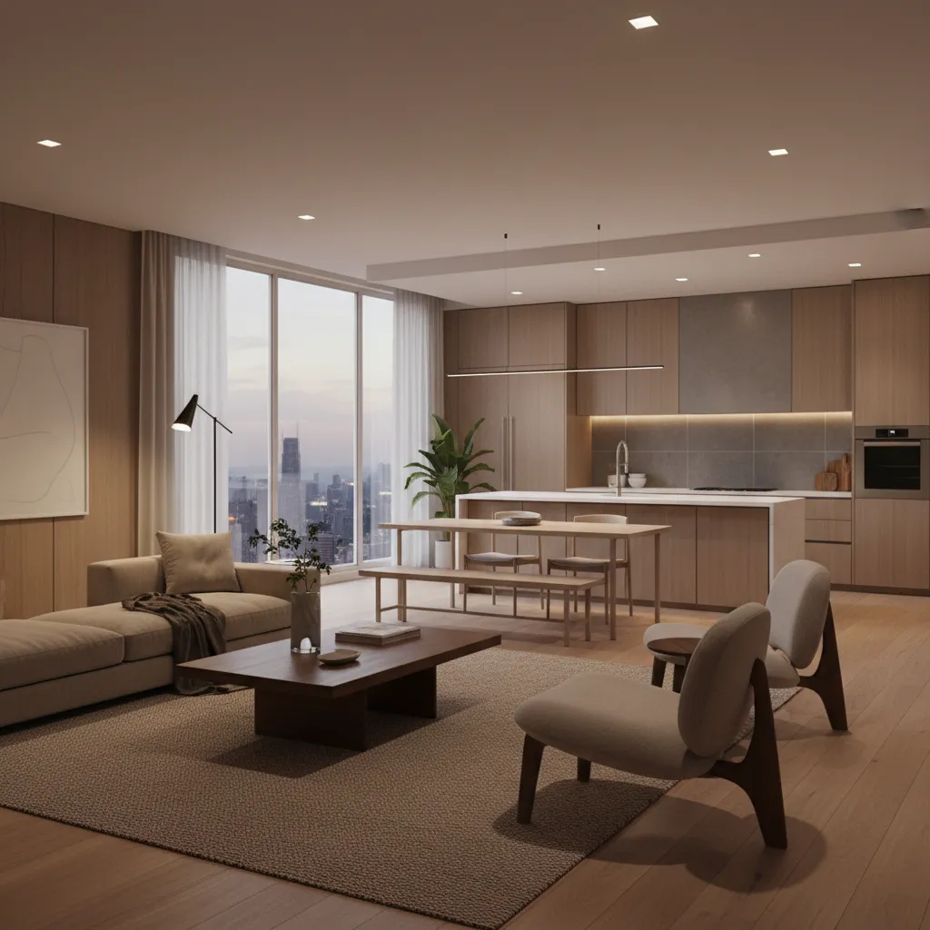 Modern open living room with wooden kitchen cabinets grey sofa large windows and city view