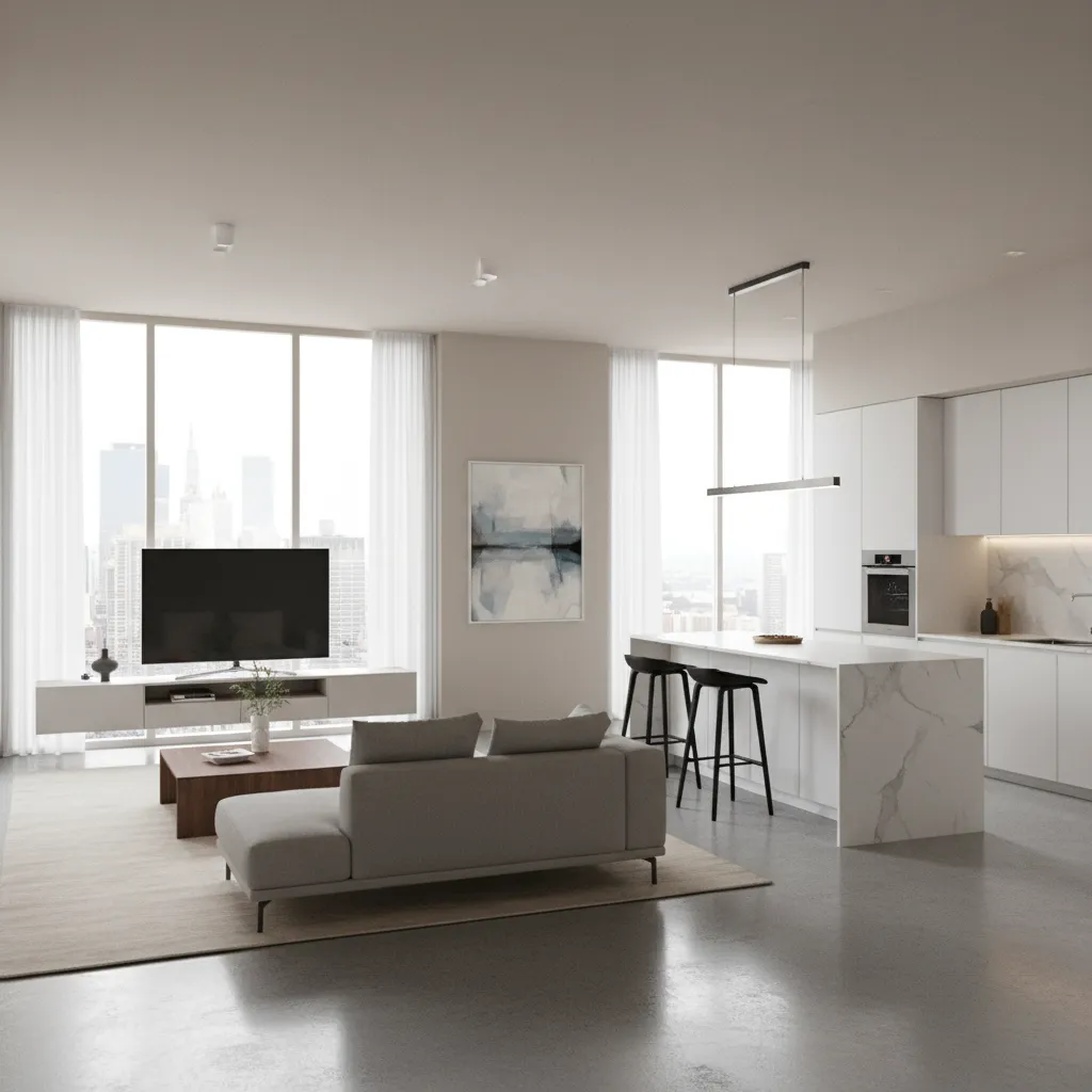 Render realista de un apartamento moderno diseñado en 3D