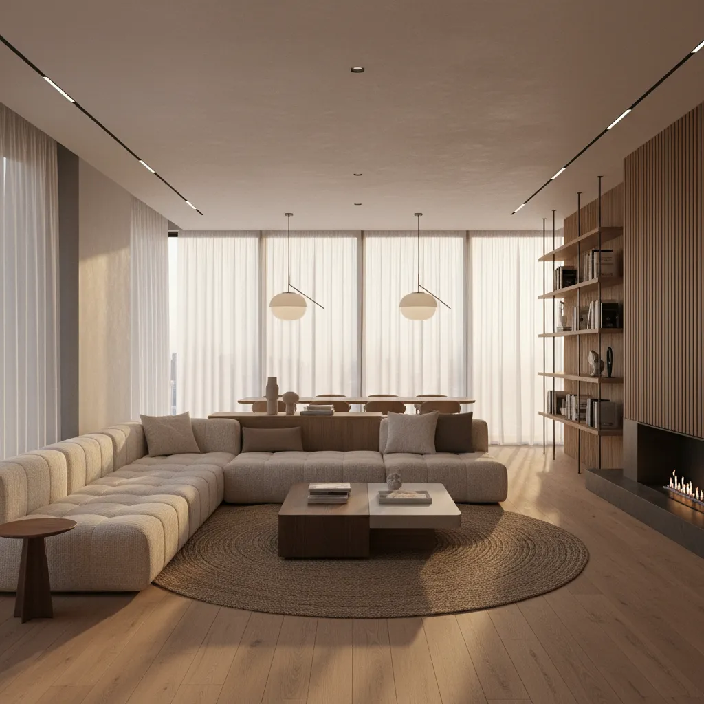 Modern living room with beige sofa, wooden wall panels, fireplace, bookshelf, and round ceiling lights
