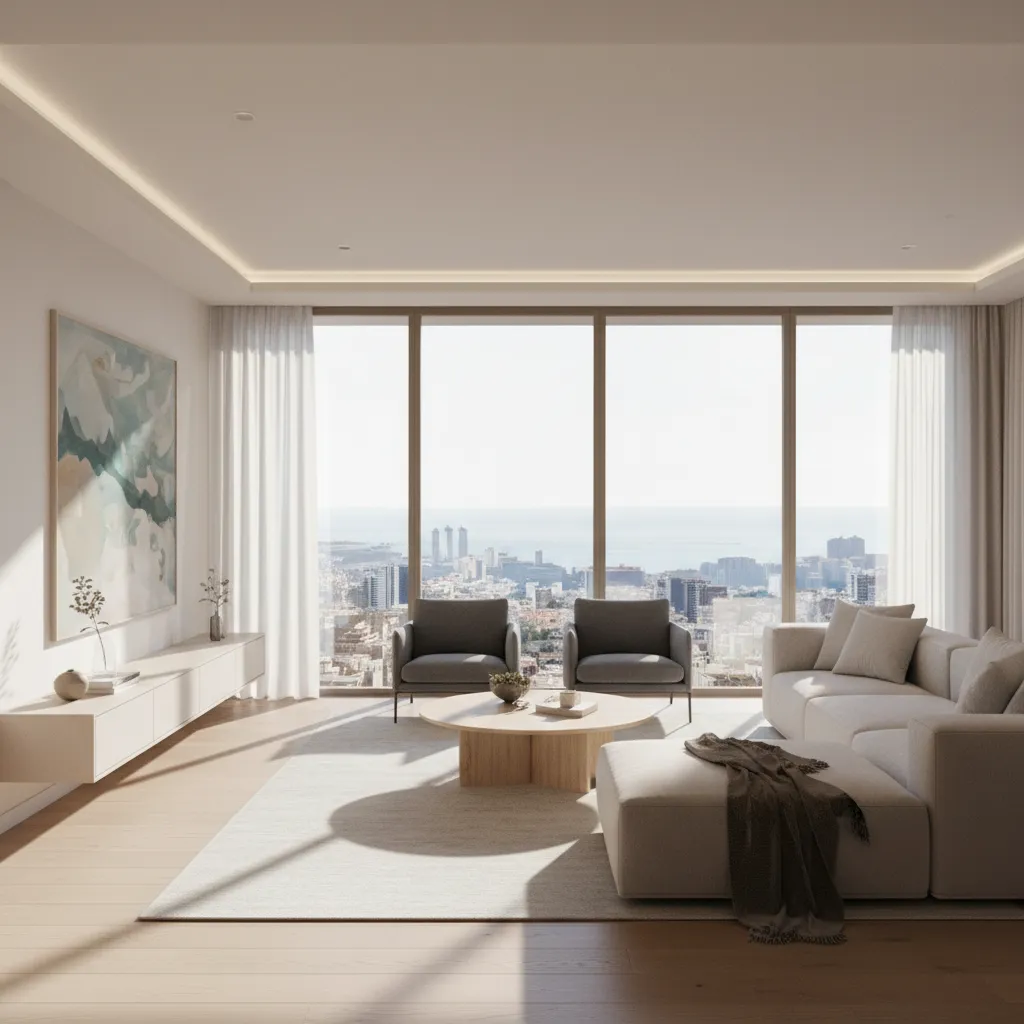 Render de un salón moderno en un apartamento de Barcelona